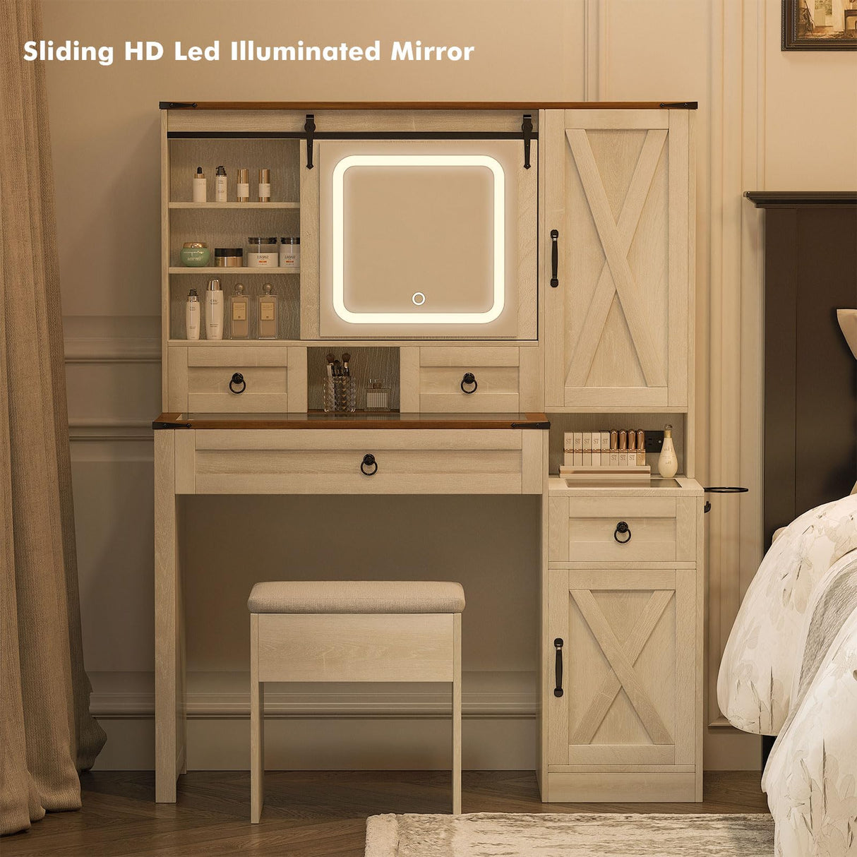 GlouMod Farmhouse Makeup Vanity Desk with Sliding Mirror and Lights, 42" Glass Top Vanity Table with Charging Station & 4 Drawers & 2 Cabinets, Vintage Vanity Set for Bedroom, Stool Included, White GlouMod