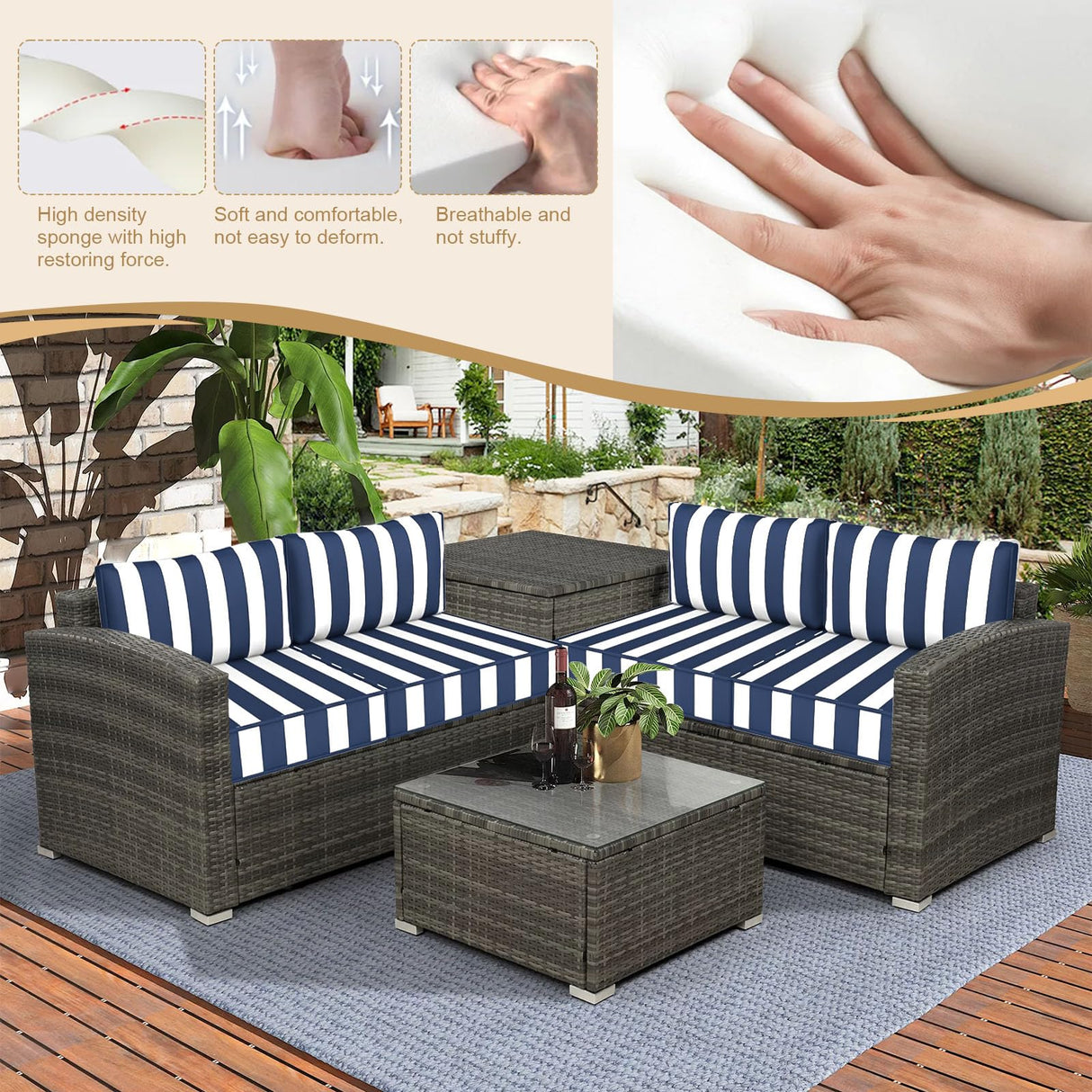Outdoor Sectional Cushions, 5" Replacement Cushions for Patio Furniture, 9 Piece Water-Resistant Couch Replacement Set, for 4-seat Patio L Shaped Wicker Sofa (Blue Striped) Generic