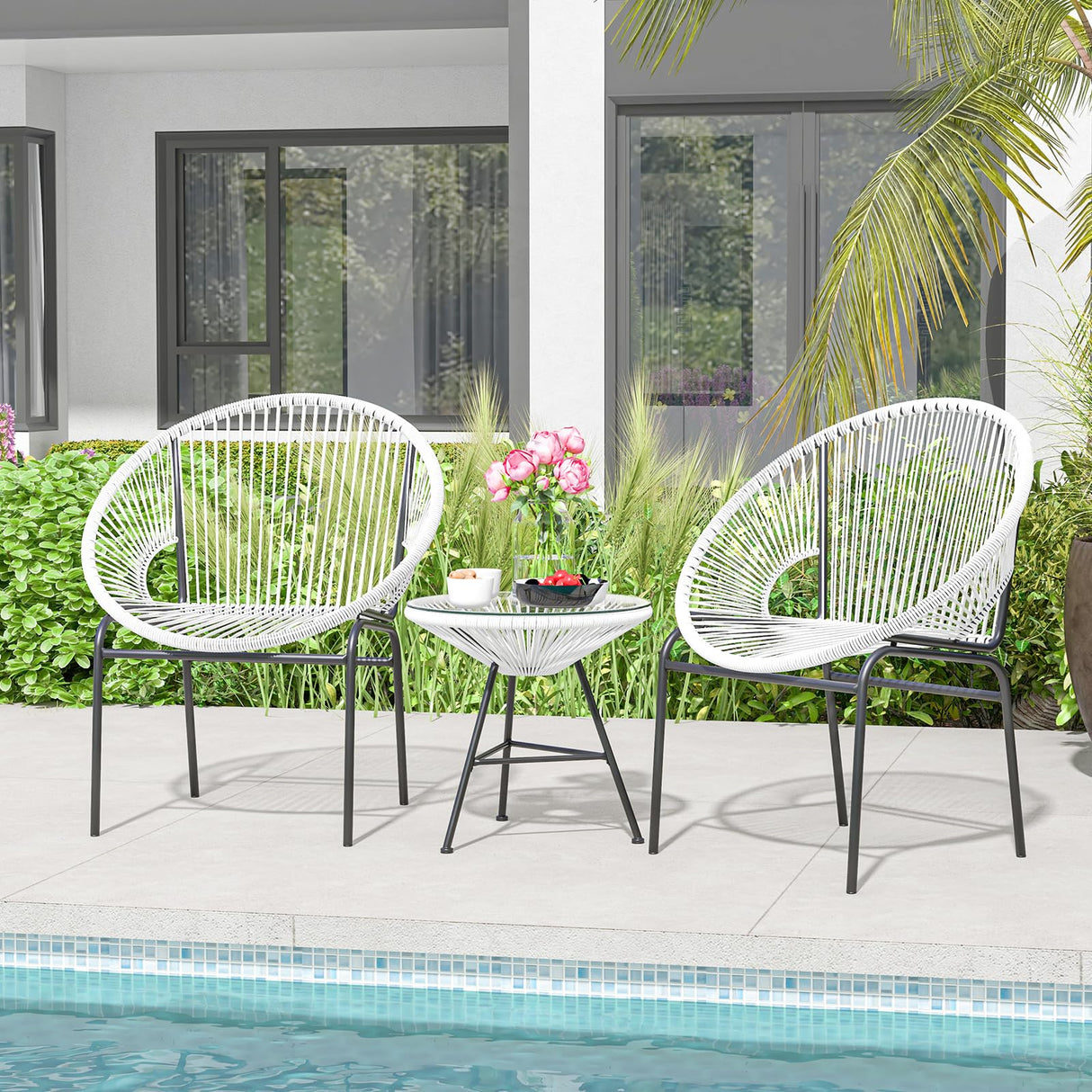 Tangkula 3 Piece Outdoor Patio Furniture Set, Acapulco Chair Set w/Plastic Rope, Tempered Glass Table, All Weather Patio Bistro Set for Patio, Lawn, Garden, Backyard Tangkula