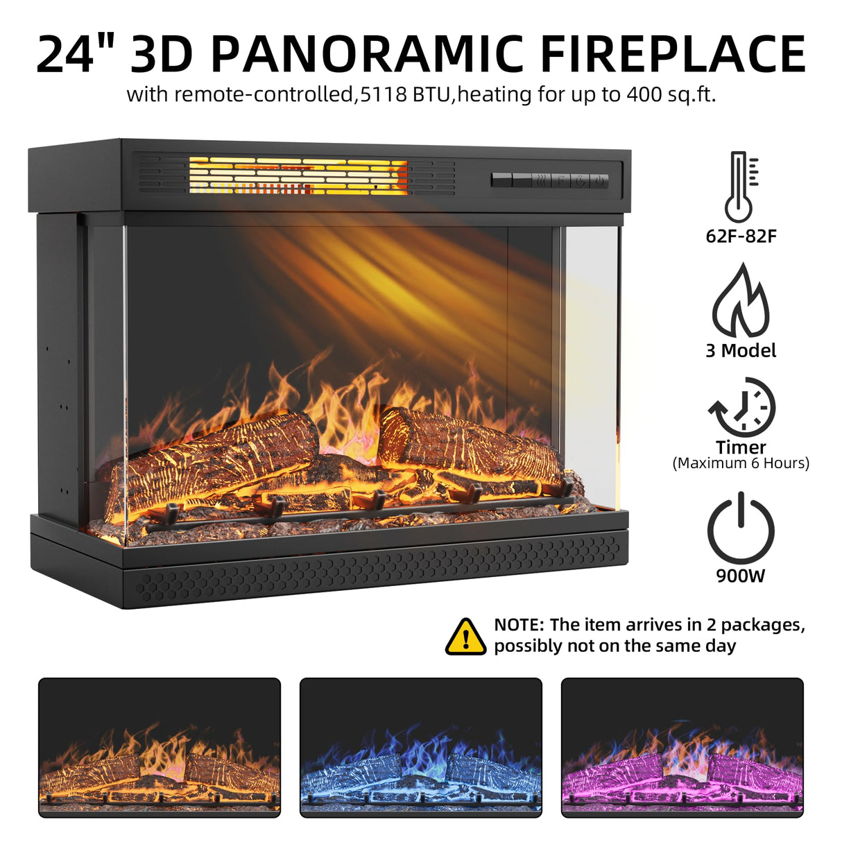 YESHOMY Glass Fireplace TV Stand for Televisions up to 65", Media Entertainment Center Console Table with Doors Closed Storage, Black with Wood Grain YESHOMY