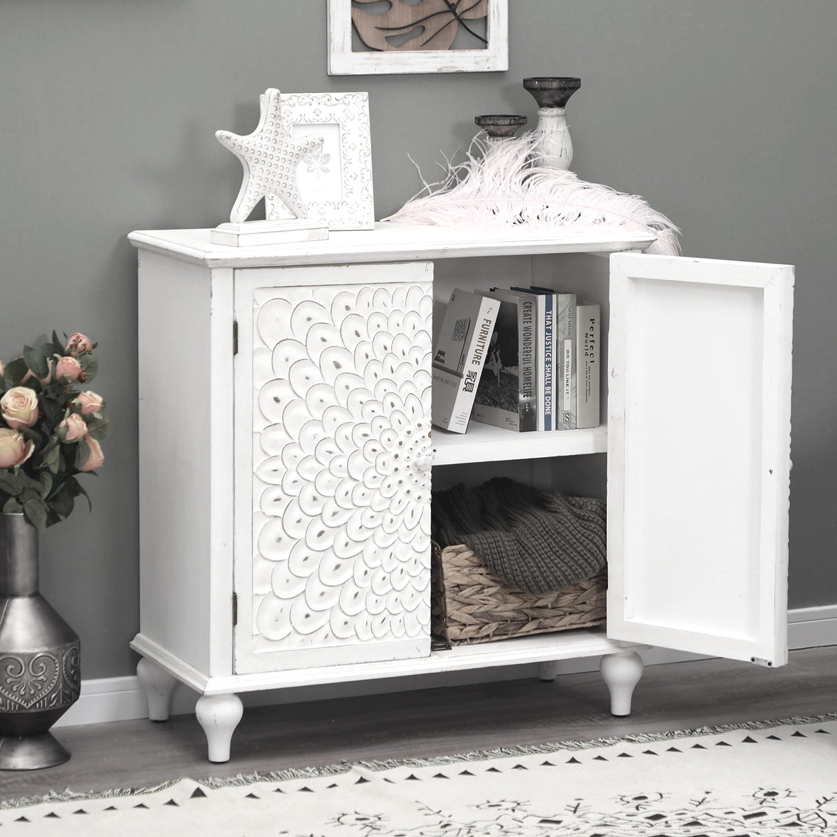 PHI VILLA White Antique Storage Cabinet - Sideboard and Buffet Cabinet Accent Cabinet with Doors PHI VILLA