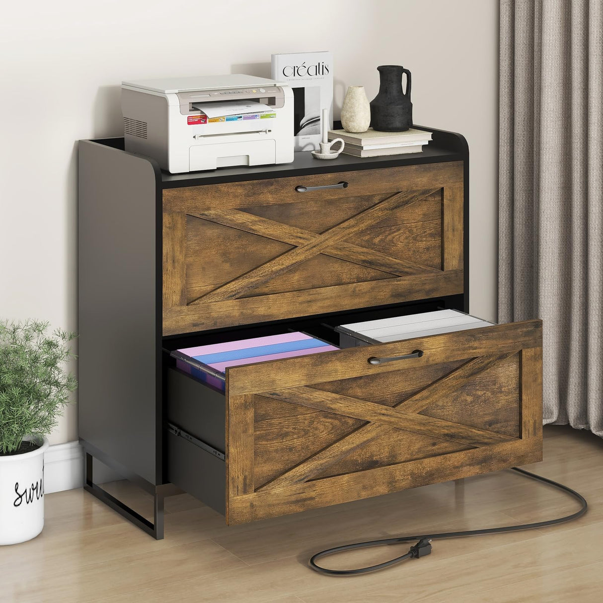 2 Drawer Lateral File Cabinet, Filing Cabinet with Charging Station for Letter/Legal/A4 Size Hanging Files, Modern Farmhouse File Cabinet for Home Office, Printer Stand with Storage, Brown and Black Befrases