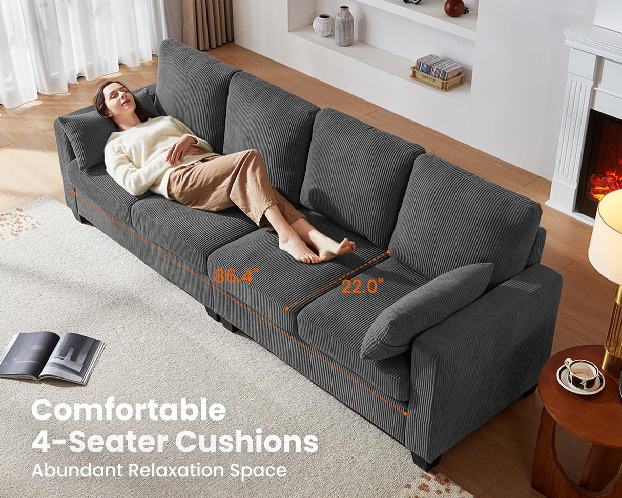 CHIC HOUSE Corduroy Modular Sectional Couch with Ottoman Chaise, L/U Shaped Sleeper Sofa for Living Room, Apartment, Lounge, Modern Armrest Neck Support Furniture (5 Seater Sectional, Dark Grey) CHIC HOUSE