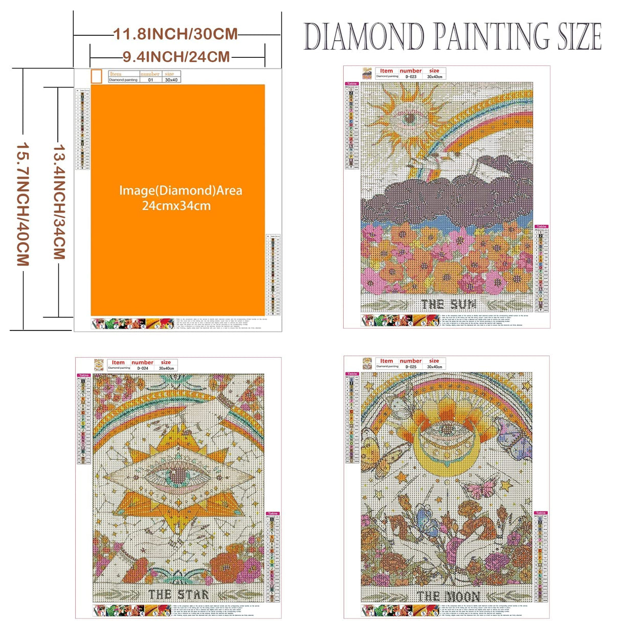 GemZono 3 Pieces Tarot Sun Moon & Stars Adult Diamond Painting Kit, 5D Diamond Art Round Full Diamond Painting Kit, Polka Dot Diamond Digital Painting Kit for Beginners (11.8x15.7in) GemZono