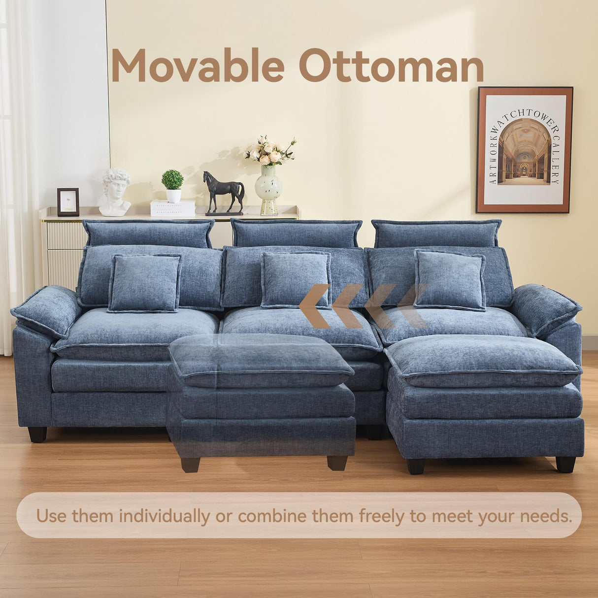 103'' Cloud Modern 3 Seater Couch with Detachable Headrest, Modular Sectional Sofa with Ottoman, Oversized L Shape Chenille Comfy Sofa with Armrests for Living Room, Blue Abbrevi