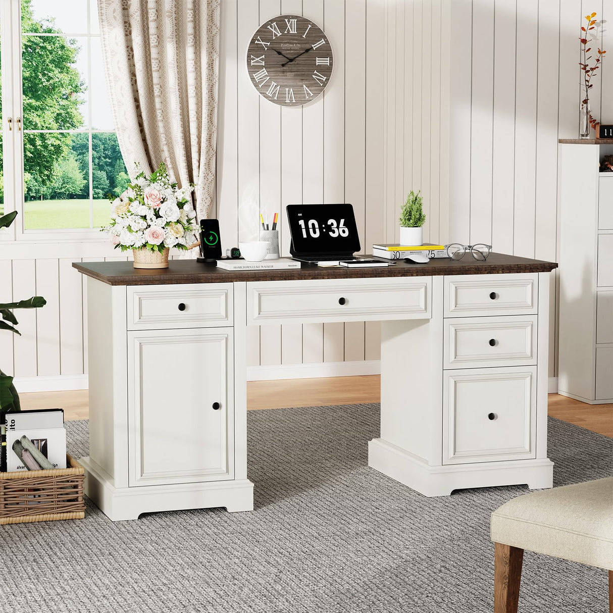 Sunny Heart 60" Executive Desk, Farmhouse Wood Computer Office Desk with Drawers & Cabinet, Rustic Home Office Desk Workstation for Home, Study, Work, Writing, Antique White Sunny Heart