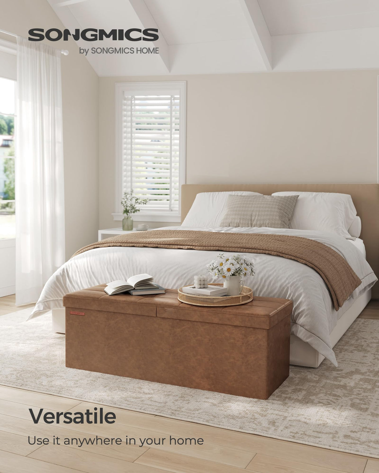 SONGMICS MAZIE Collection - 43 Inches Storage Ottoman Bench with Flipping Lid, Storage Chest with Iron Frame Support, Load 660 lb, for Living Room, Bedroom, Synthetic Leather, Coffee Brown ULSF075K01 SONGMICS