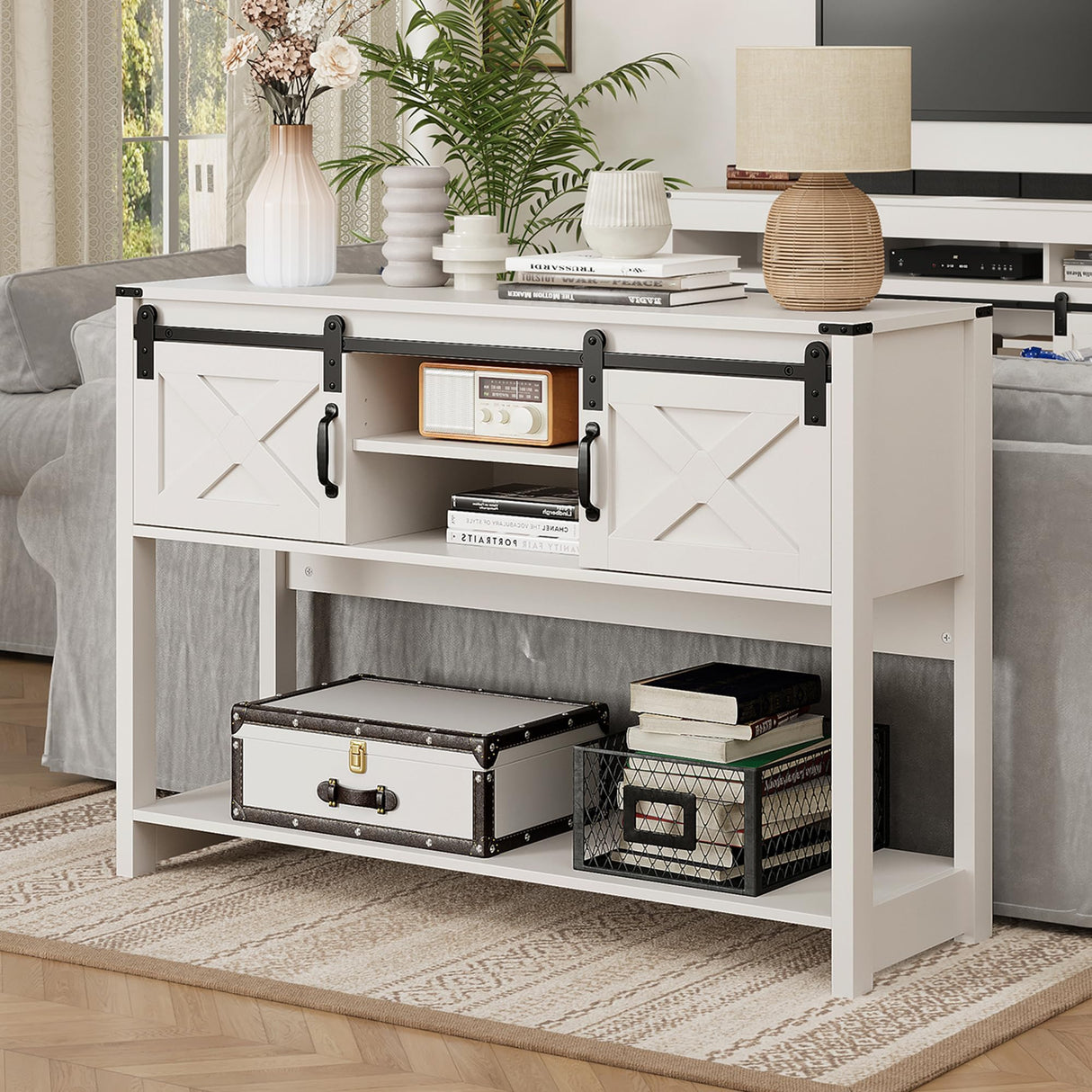FansaFurn Console Table with Storage Shelf & Sliding Barn Door, Farmhouse Entryway Table with Storage, 46" Narrow Long Sofa, Behind Couch, Console Tables for Living Room (White) FansaFurn