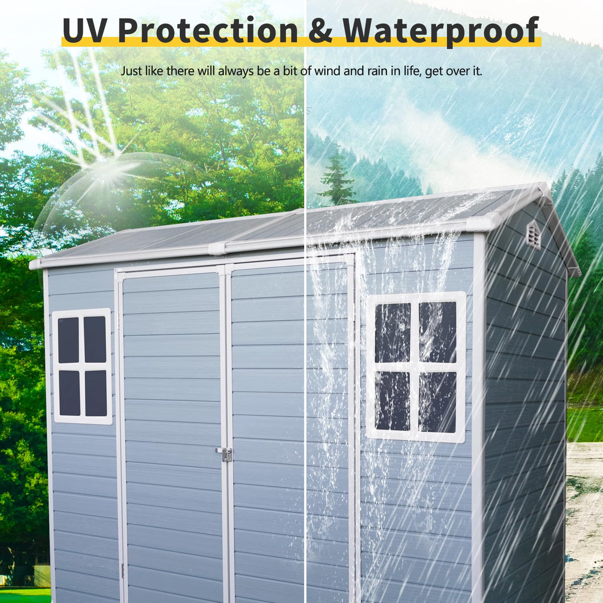 8x4ft Outdoor Storage Shed with Two-Window and Lockable Door, Resin Plastic Shed with Floor for Gargen, Patio, Yard, Lawn, Light Grey Star20XX