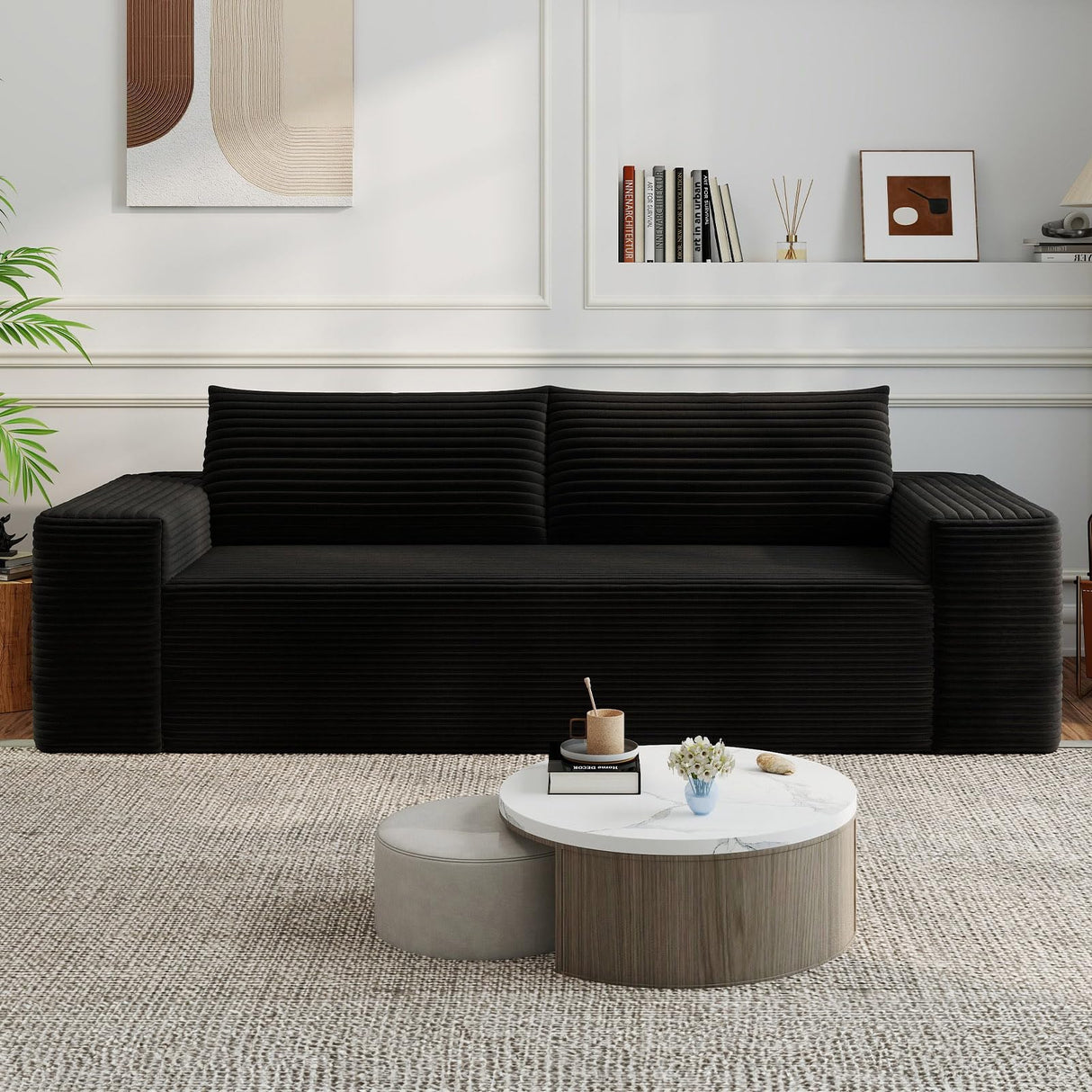 HZANHY 63" Loveseat Sofa, Boneless Loveseats for Living Room, No Assembly Required Corduroy Love Seat for Small Spaces, Bedroom, Apartment, Office, Black HZANHY