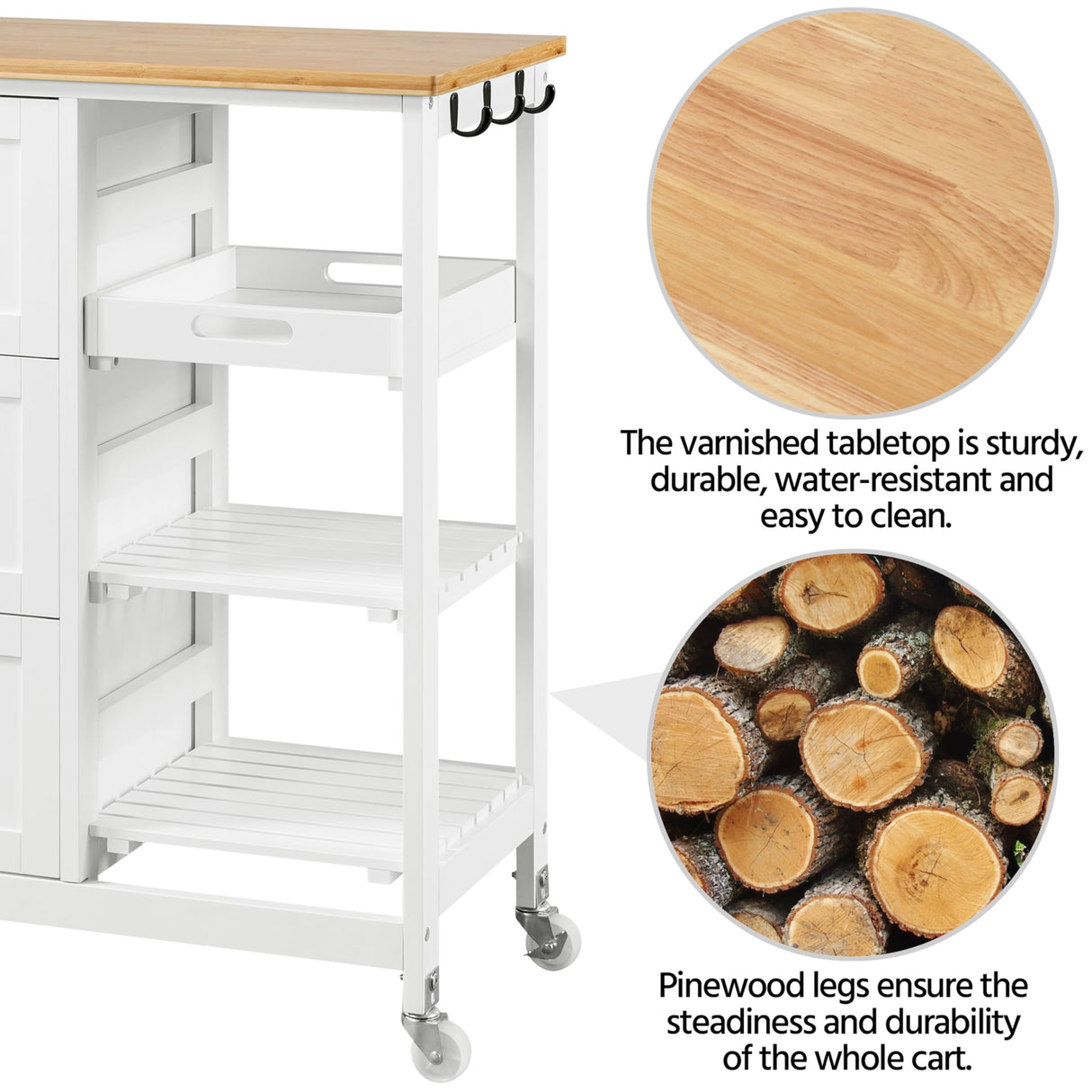 Yaheetech Kitchen Island Cart on Wheels with Bamboo Countertop, Rolling Serving Utility Trolley Cart with 3 Drawers, 3 Removable Shelves & Lockable Casters, Storage Cabinet for Dining Room, Bar, White Yaheetech