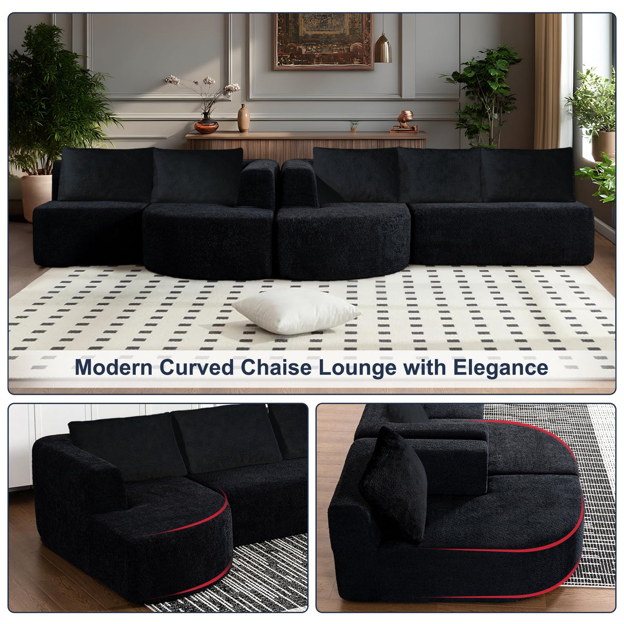 144" Oversized Sectional Couches for Living Room, Modern Luxury Chenille 5-Seater Sofa, Deep Seat Curved Cloud Couch, Modular Sofa with Chaise Lounges & 5 Pillows, No Assembly Required (Black) IZLKQC