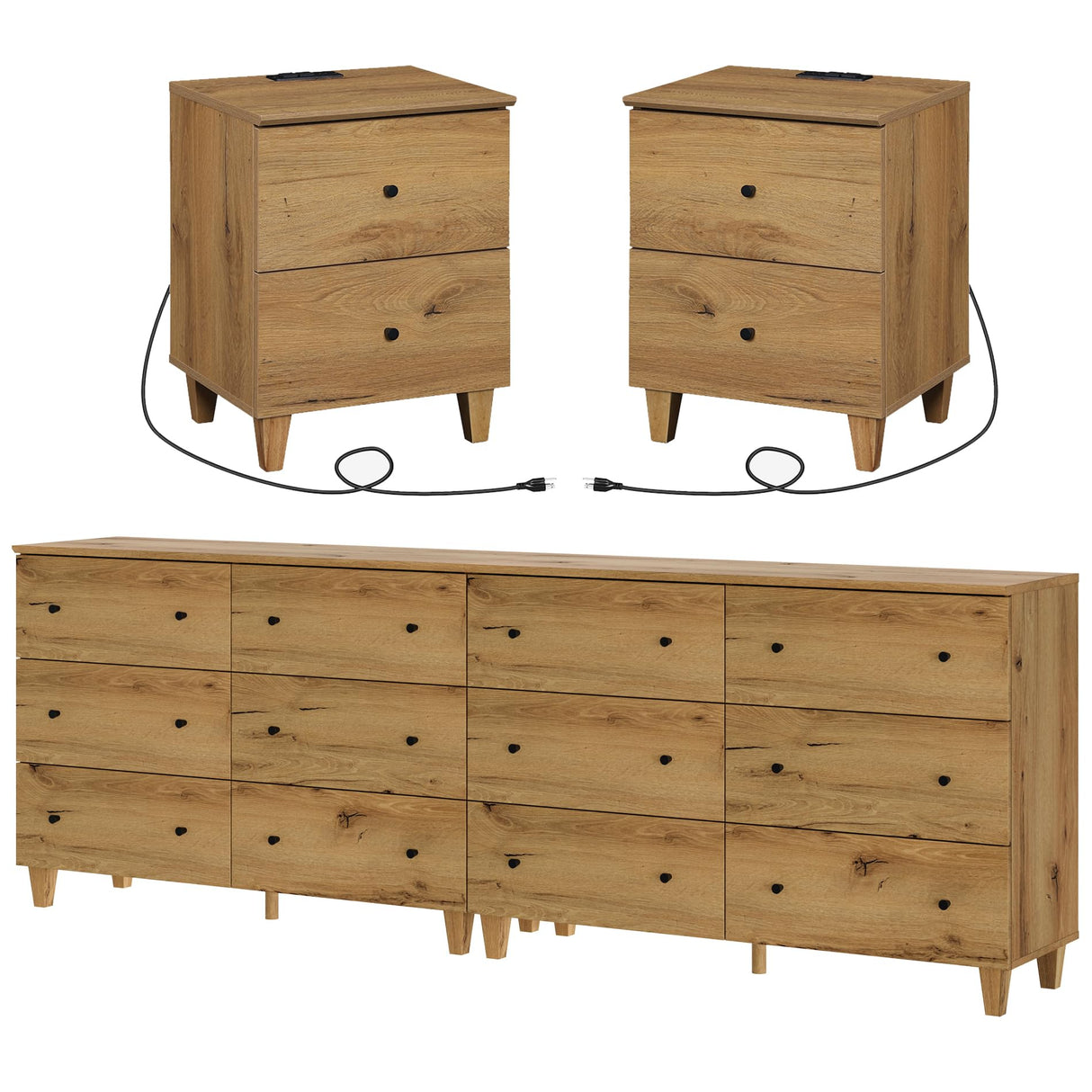 WAMPAT Dressers and Nightstand Set of 4, 94.4 Inches Wood Dresser with 12 Drawers, 2 Pieces Nightstands with Drawers and Charging Stations, Bedroom Furniture Set, Oak Brown WAMPAT
