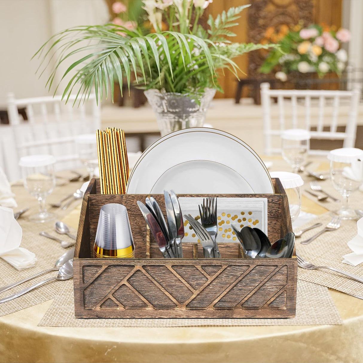 Paper Plate Dispenser, Paper Plate Holder for Kitchen Counter, Wood Rustic Silverware Utensil Caddy, Cutlery Flatware Organizer Box for Cups Spoons Forks Plates Napkins, Kitchen Accessories (Brown) Ukonvi