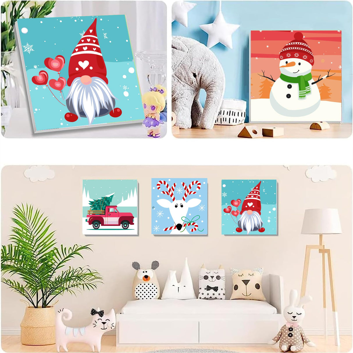 Yijingtop 4 Packs Framed Chrsitmas Paint by Numbers Kit for Kids Ages 8-12,Snowman Easy Acrylic Paint by Number Framed on Canvas,Number Painting Paint by Numbers Kit for Home Wall Decoe 8x8inch Yijingtop