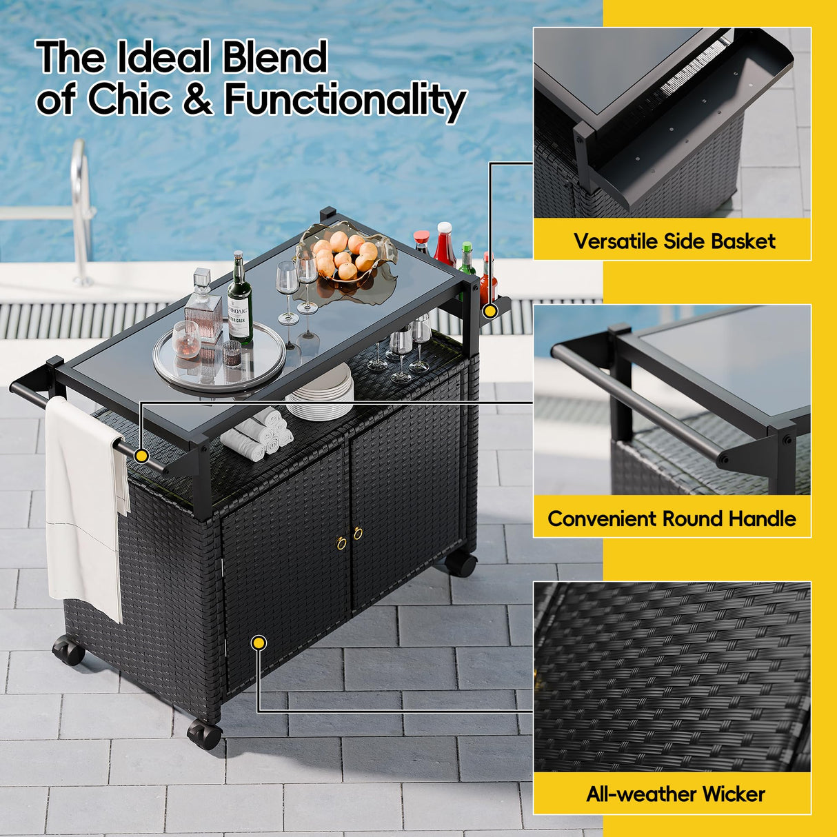 MU Outdoor Bar Cart with Storage and Wheels, Outdoor Bar Table with Tempered Glass Top & Shelf, Rolling Wicker Storage Cabinet with Rounded Handle & Side Basket for Backyard, Poolside, Garden, Black MU