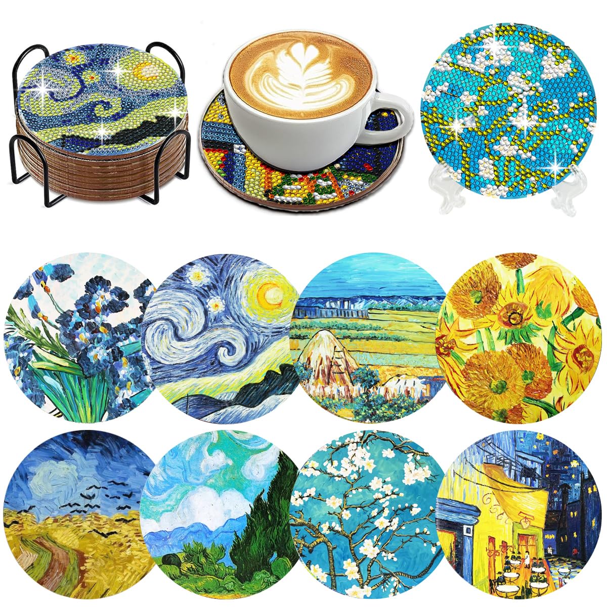 Muzagroo Art Van Gogh Diamond Painting Coasters Kits with Holder Diamond Art Coaster Kits for Beginners Diamond Paintings Kits for Adults Stress-reducing Handicrafts Paint by Diamond 8 PCS (Van Gogh) Muzagroo Art