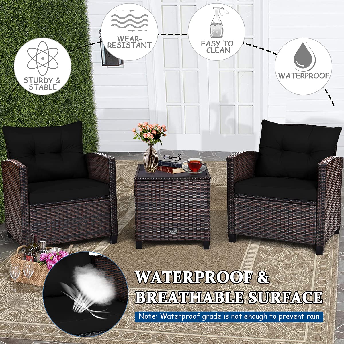 3 PCS Patio Furniture Set, OneSize, Black WoodArtSupply