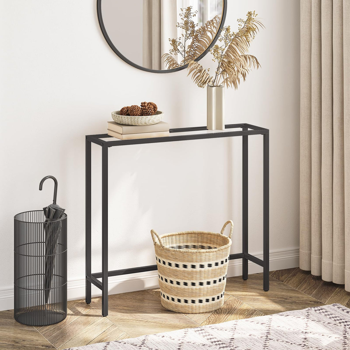 HOOBRO 29.5" Narrow Console Table, Tempered Glass Sofa Table, Small Side Table, Modern Entryway Table, for Entrance, Living Room, Foyer, Hallway Bedroom, Black BK07XG01 HOOBRO