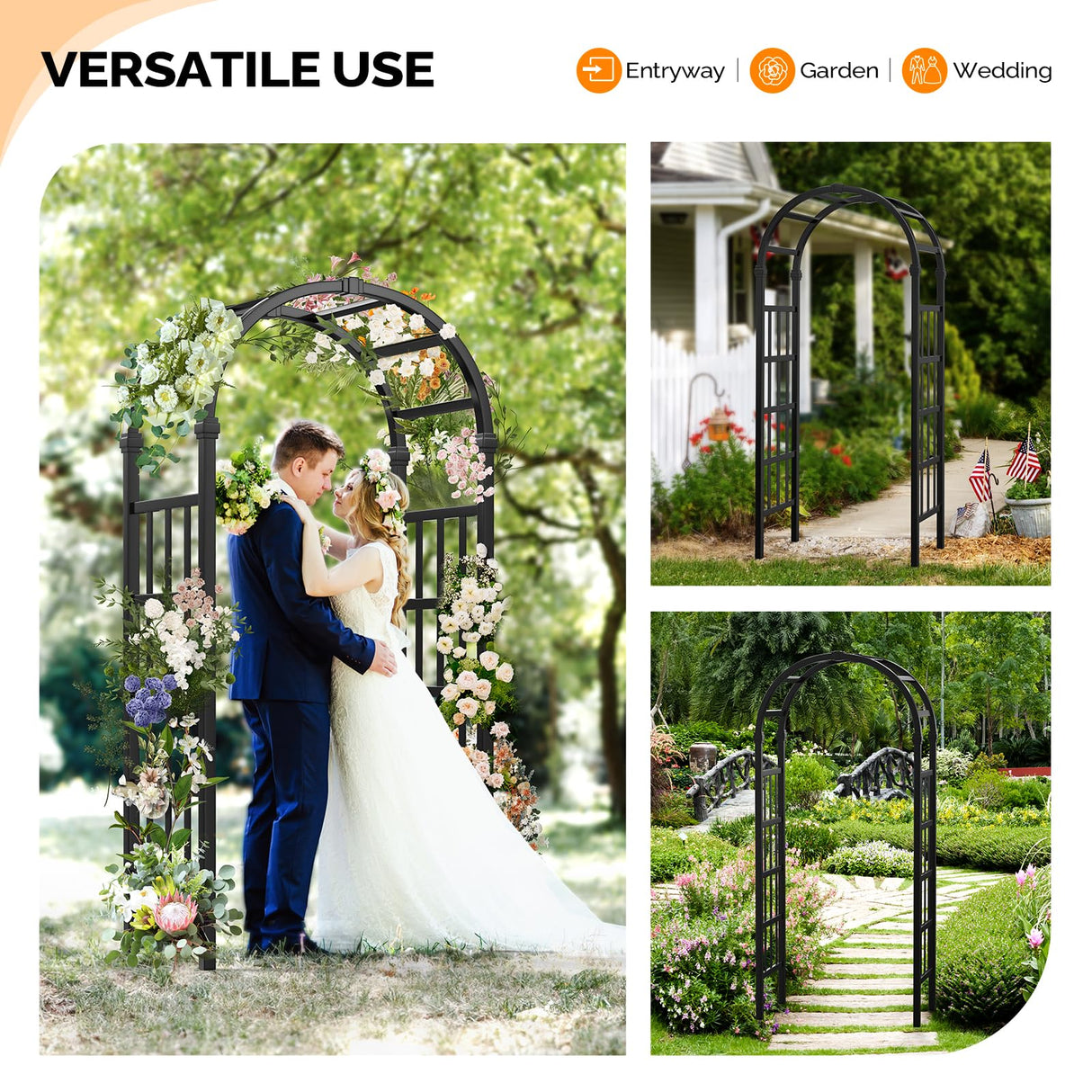 VINGLI Vinyl Garden Arbor, PVC Wedding Arch for Ceremony Party, Garden Trellis for Climbing Plants Outdoor, Arch Backdrop Stand for Garden, Backyard, Lawn (Black) VINGLI