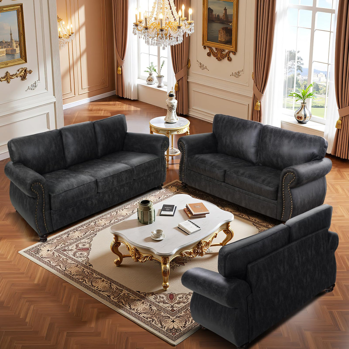 Couchus Mid-Century Vintage Sofa Couches with Rivet Design,loveseat Sofa,Removable Sofa Cover Upholstered Cushions and Solid Wood Frame (Grey, Loveseat) Couchus