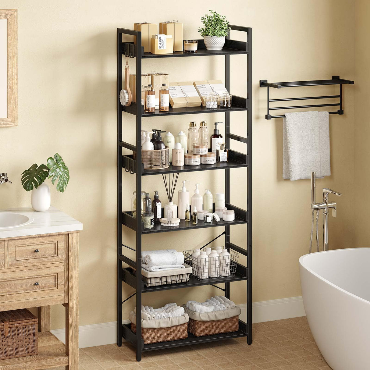 Rolanstar Bookshelf 6 Tier with 4 Hooks, Industrial Wood Bookcase, Vintage Storage Rack with Open Shelves, Rustic Standing Bookshelves Metal Frame Display Rack for Living Room, Bedroom, Black Rolanstar