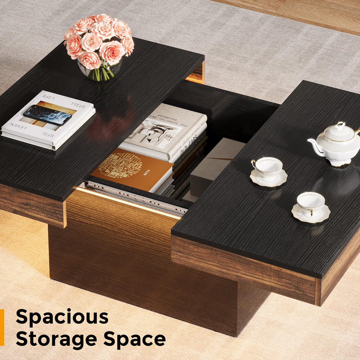 VANOMi 35-inch Square Coffee Table with LED Light, Modern LED Centre Table with Storage, Wood Coffee Table for Living Room,Large Cocktail Table for Living Room VANOMi