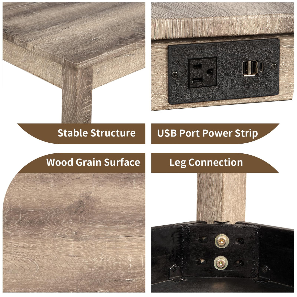 YWUFUART 59" Counter Height Bar Table Set with Power Outlet, Industrial Breakfast Table with 3 Padded Stools, 4 Piece Bar Table and Chairs Set for Living Room, Dining Room, Brown YWUFUART