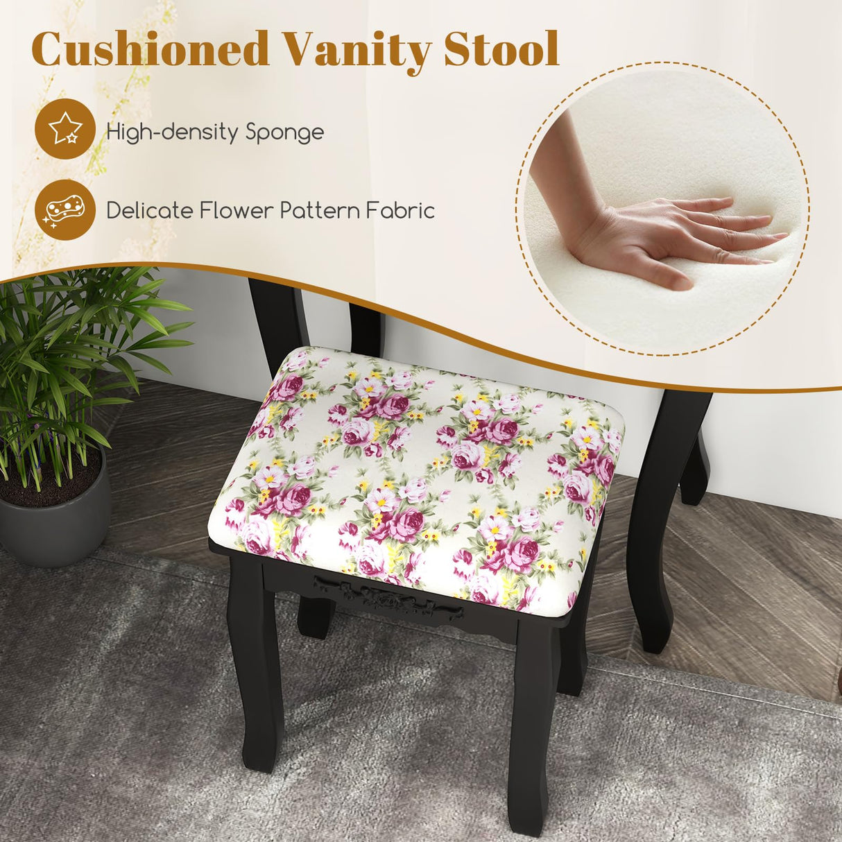 Giantex Small Vanity Desk Set, Black Makeup Vanity Table with Mirror, Cushioned Stool, 3 Storage Drawers, 20 inch Girls Dressing Table for Small Space Bedroom Giantex