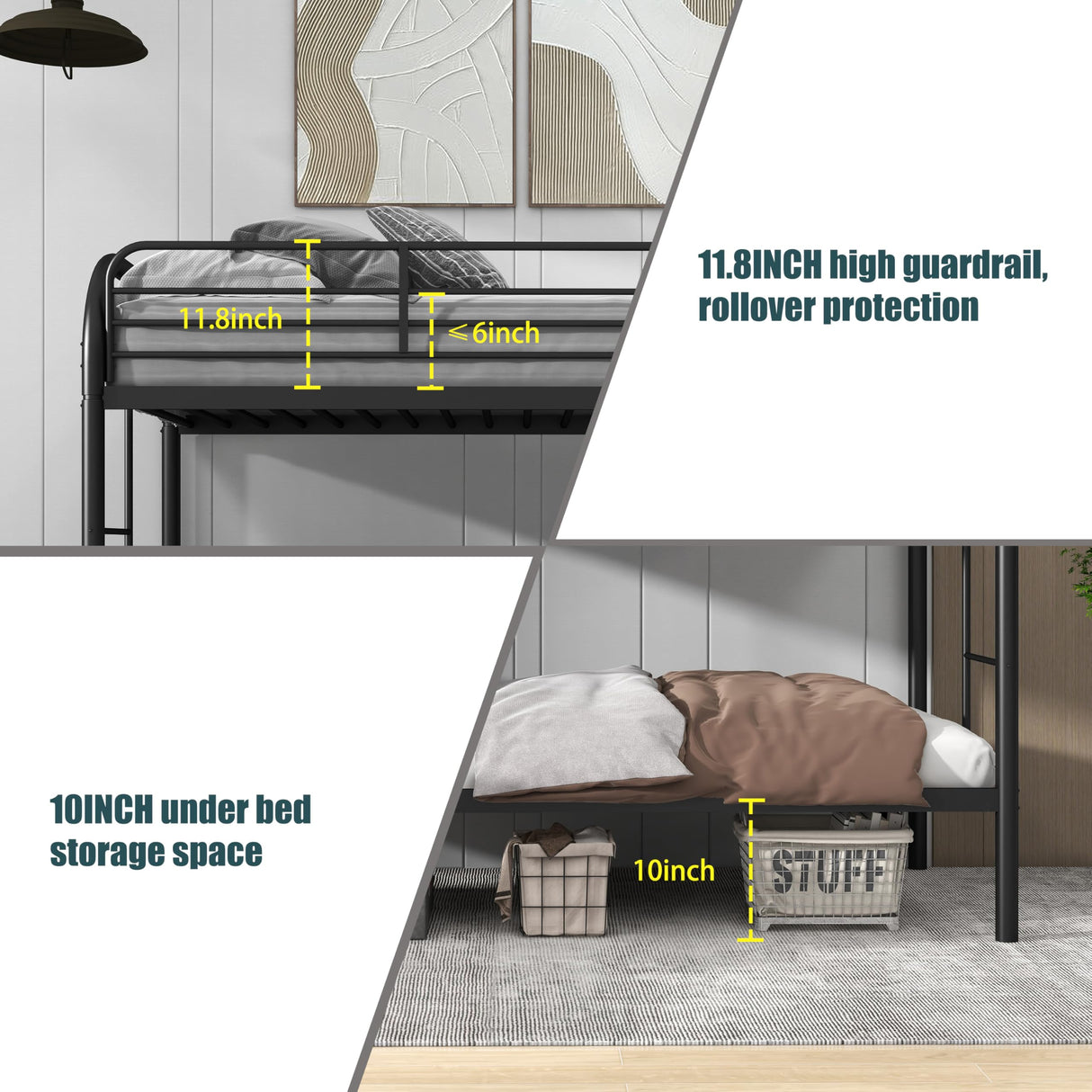 Flolinda Metal Bunk Bed Twin Over Twin, Heavy Duty Bunk Beds with 2 Ladders and 11.8" Full-Length Guardrail, Space-Saving Bunk Bed with Storage, No Box Spring Needed, Easy Assemble, Black Flolinda