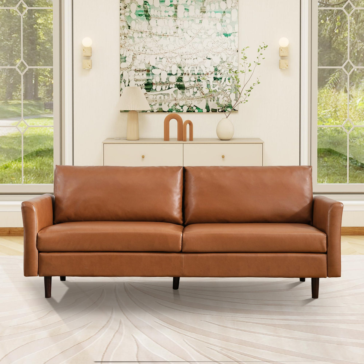 Tbfit 80" Faux Leather Couch, Mid Century Modern Sofa Living Room, 3 Seater Sofa for Small Space Bedroom Office Apartment, Brown Tbfit