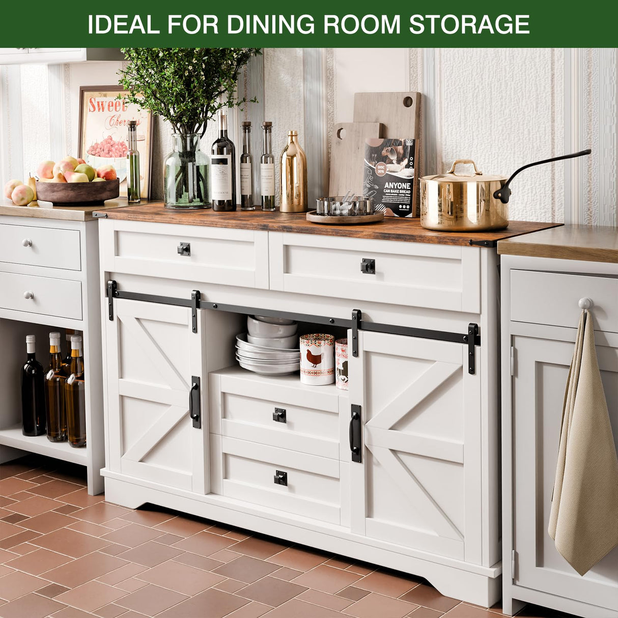 PLYFOU 55" Farmhouse Buffet Cabinet, Kitchen Sideboard with Sliding Barn Doors and 4 Drawers, Rustic Wood Storage Cabinet with Adjustable Shelves, 35'' Tall Coffee Bar Table for Dining Room, White PLYFOU