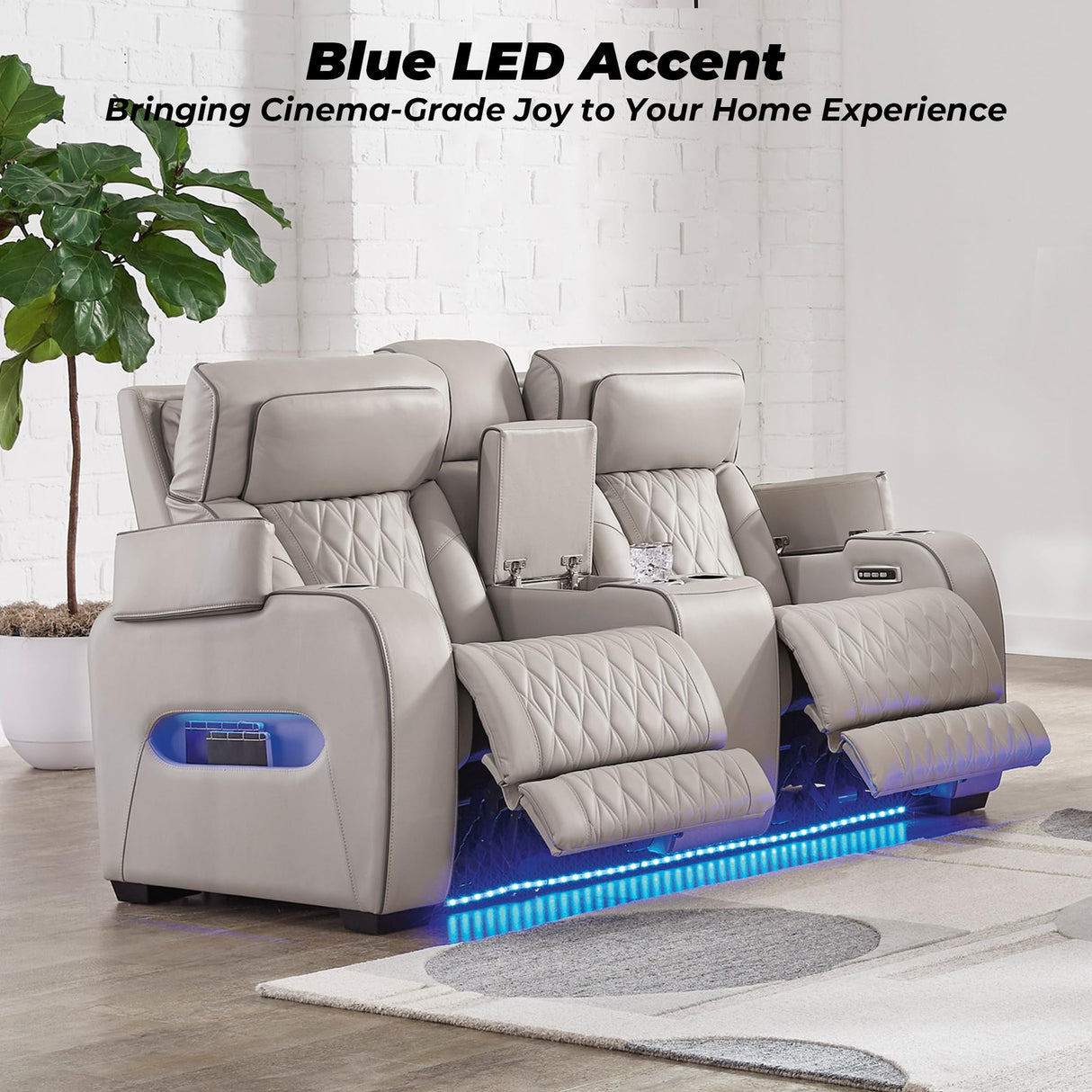 Signature Design by Ashley Boyington Contemporary Leather Match Power Reclining Loveseat with Console and USB Charging Ports, LED Lights and Adjustable Headrest, Light Gray Signature Design by Ashley