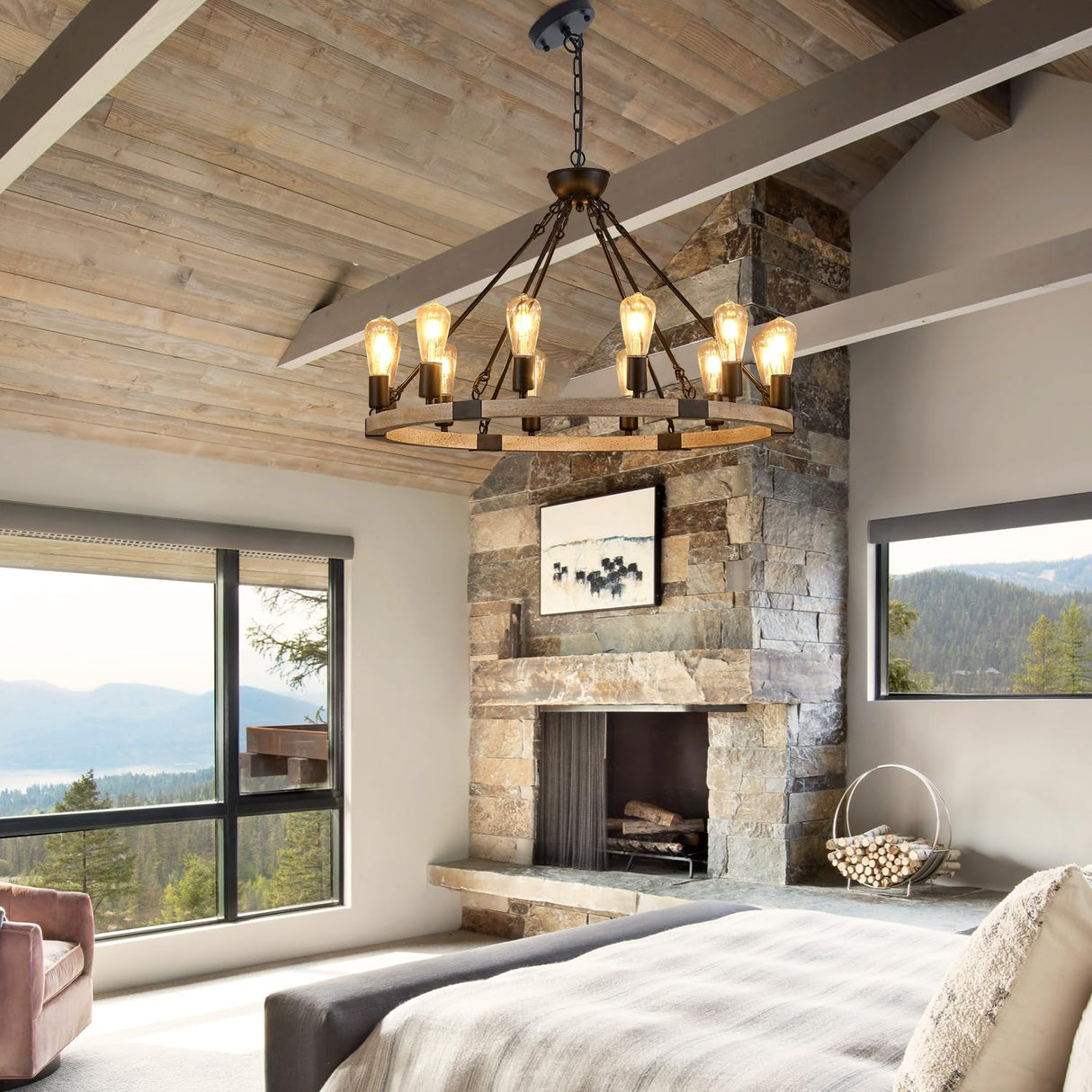 brfaixla 12-Light Wooden Wagon Wheel Chandelier Farmhouse, 31.5'' Black&Cream Colored Chandelier Pendant Light for Living Room, Industrial Rustic Round Wood Chandeliers for Dining Room Entryway Porch brfaixla