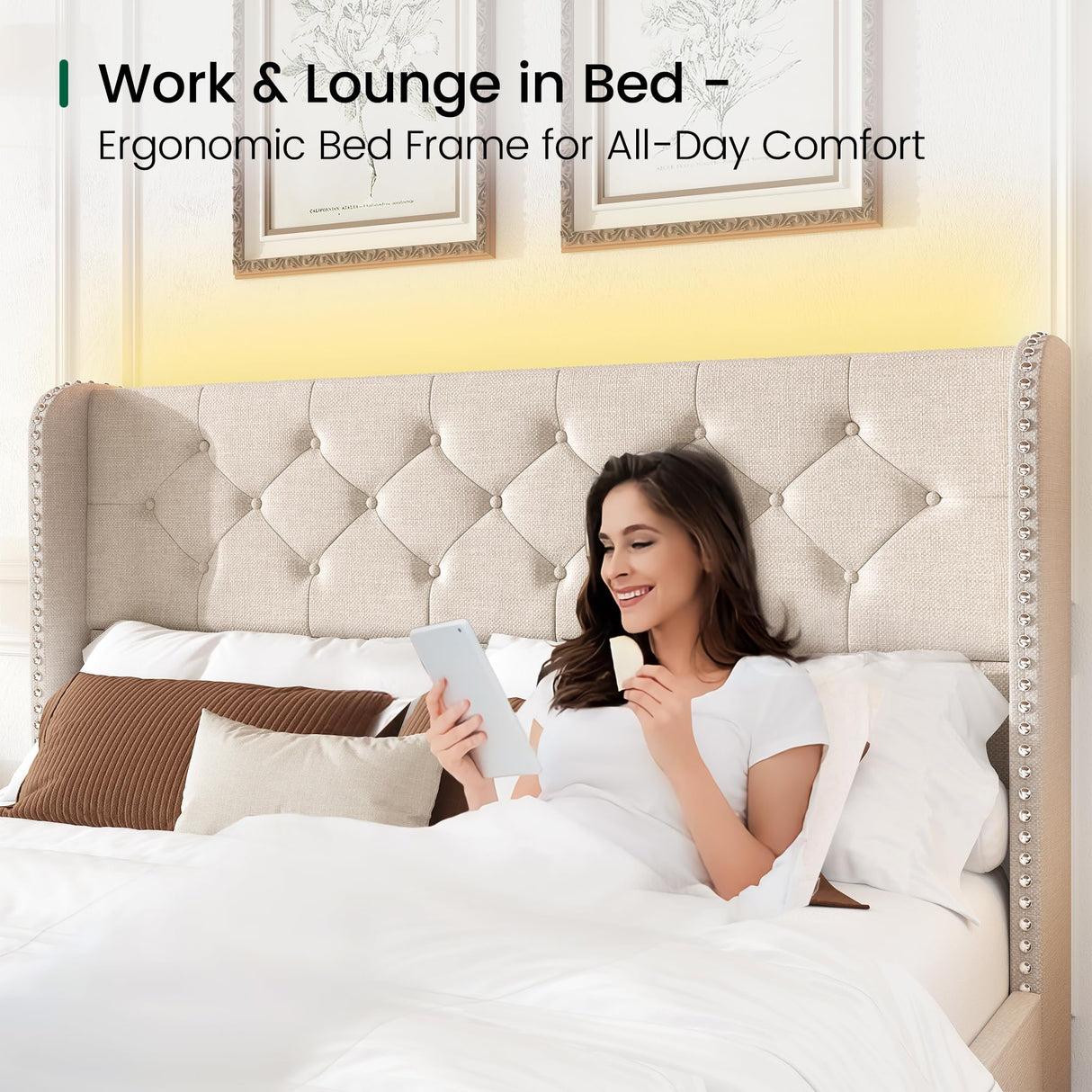 LARMACE Queen Size Bed Frame with LED Lights and 4 Storage Drawers Linen Upholstered Platform Bed Frame with Tufted Headboard Wingback, No Box Spring Needed, Easy to Assemble, Beige LARMACE