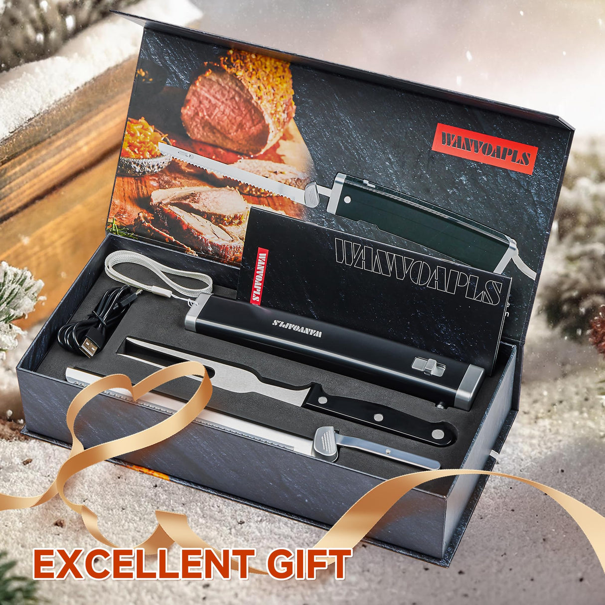 Cordless Electric Knife Set - Rechargeable Carving Knife with Safety Lock, Black Ergonomic Handle with Knives and Forks, for Meat, Bread, Brisket Slicing, Thanksgiving and Christmas Gifts Wanvoapls