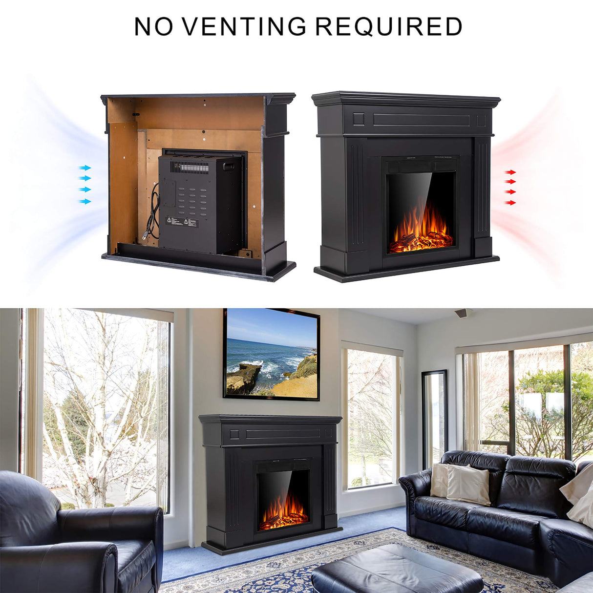 JAMFLY Electric Fireplace Mantel Package Wooden Surround Firebox TV Stand Free Standing Electric Fireplace Heater with Logs, Adjustable Led Flame, Remote Control, 750W-1500W (Black) 1 JAMFLY