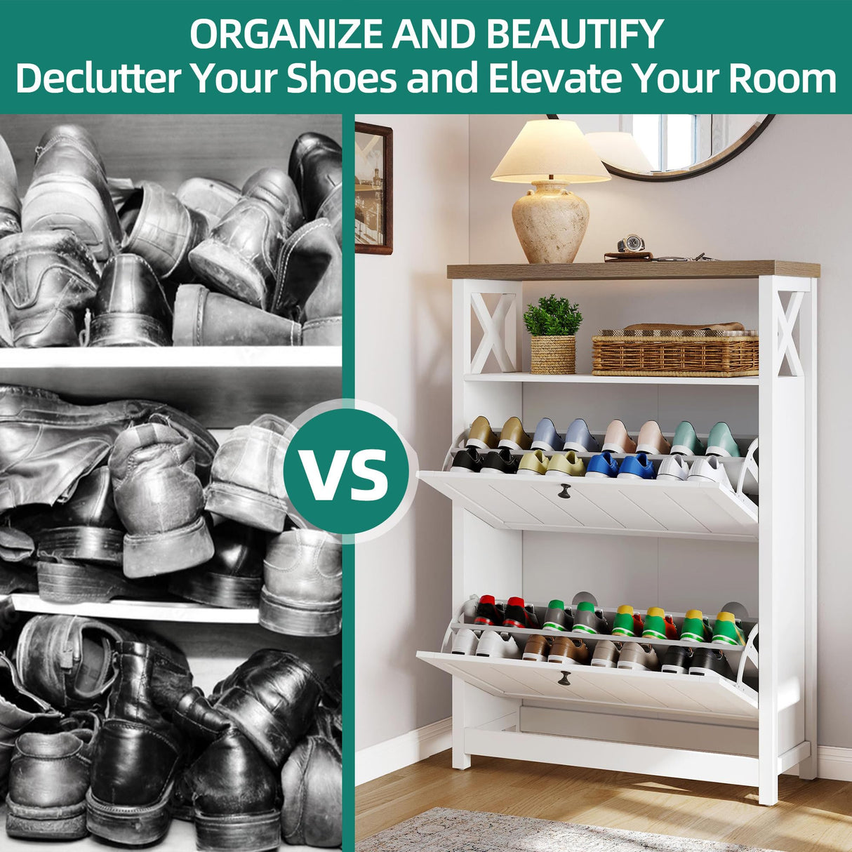 YITAHOME Shoe Cabinet with 2 Flip Drawers, Entryway Shoe Storage Cabinet with Open Shelves, Free Standing Hidden Shoe Rack Storage Organizer for Entryway/Hallway/Closet, White YITAHOME