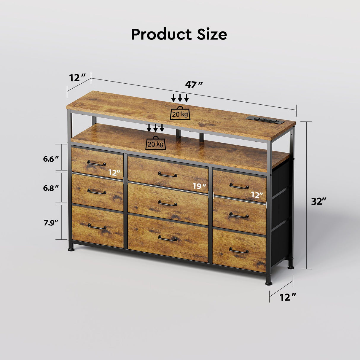 YeTom Tv Stand Dresser for Bedroom with Charging Station and LED Lights,9 Fabric Drawers Rustic Brown TV Stand with Open Shelf Storage,Media Console for TV ups to 55",Metal Frame,Wood Top,Rustic Brown YeTom