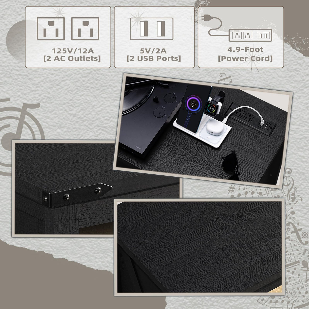 Large Record Player Stand with Charging Station & LED Lights, Vinyl Records Storage Holder Cabinet Holds up to 230 Albums, Turntable Stand for Music Room, Bedroom, Living Room, Office (Black) Joaxswe