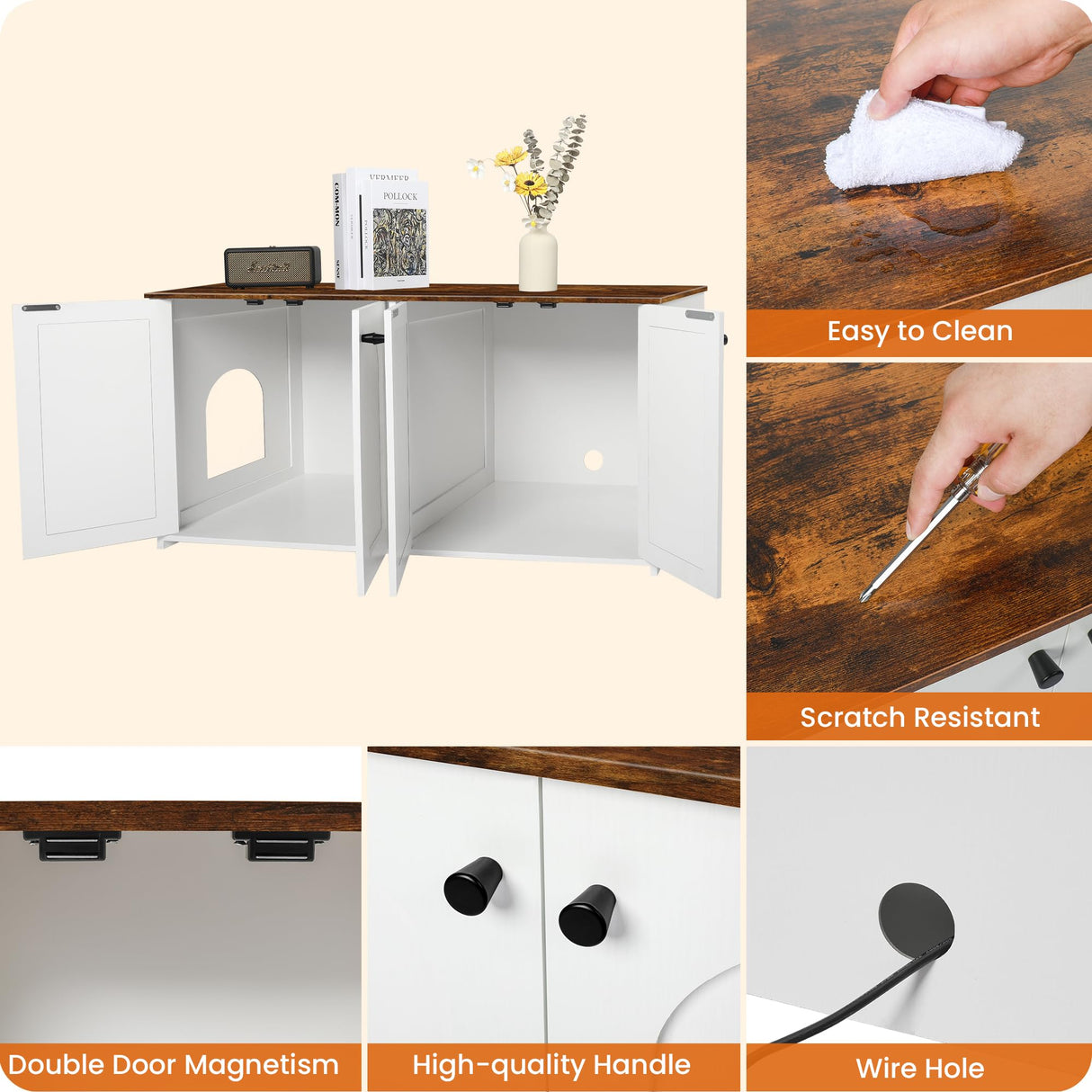 Dwanton Litter Box Enclosure for 2 Cats, Cat Litter Box Furniture Hidden with Double Rooms, Dual Cat Litter House, Large Wooden Cat House Indoor, TV Stand, Fit Most of Litter Box, White+Rustic Brown Dwanton