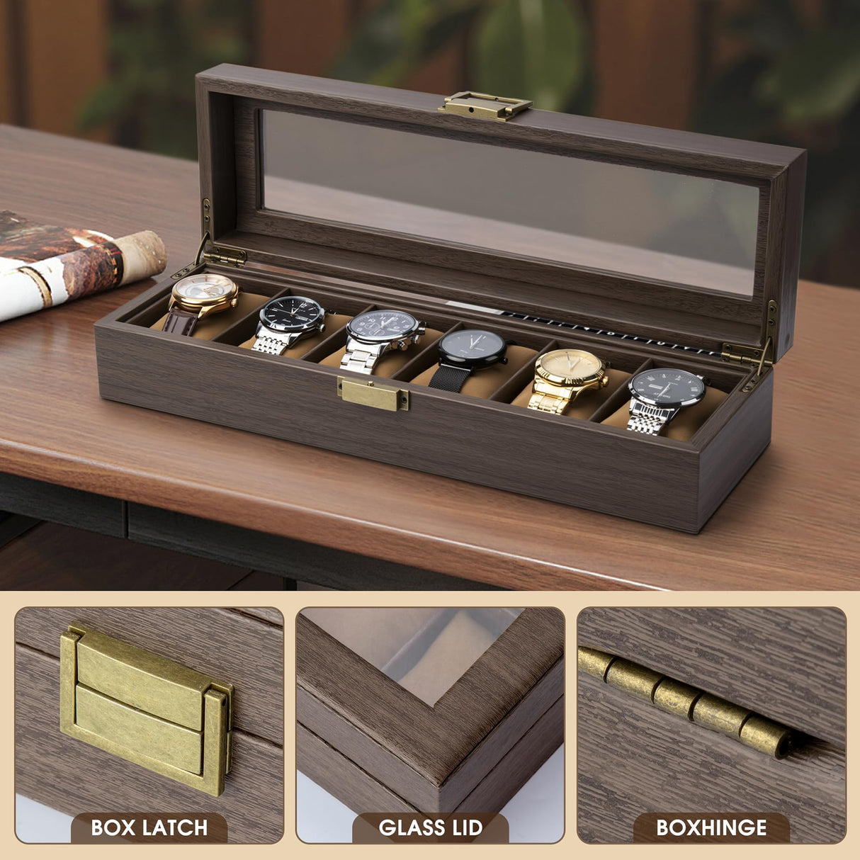 Lonian Watch Box, Watch Case for Men 6 Slots Wood Storage Watch Case Organizer with Glass Display Top Exquisite and Durable Lonian