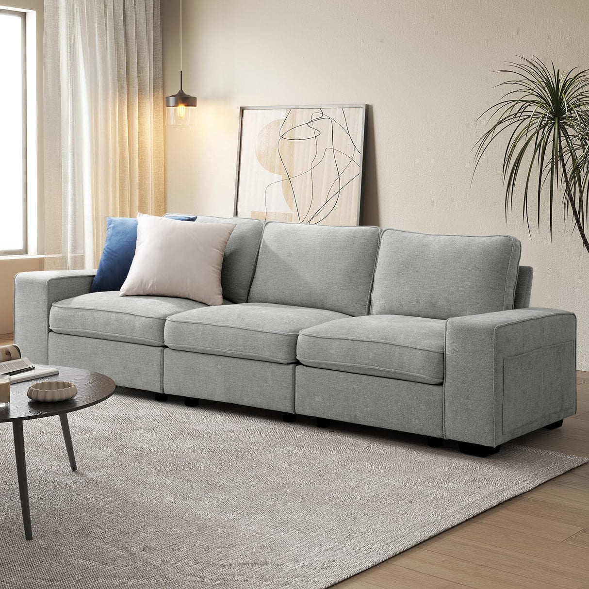 COOSLEEP 100" Sofa with Seats Storage, Comfy 3-Seater Chenille Fabric Couch for Living Room, Office, Apart W/Deep Seat, USB Charging, Upholstered Couch with Removable Cover (Light Grey) COOSLEEP HOME