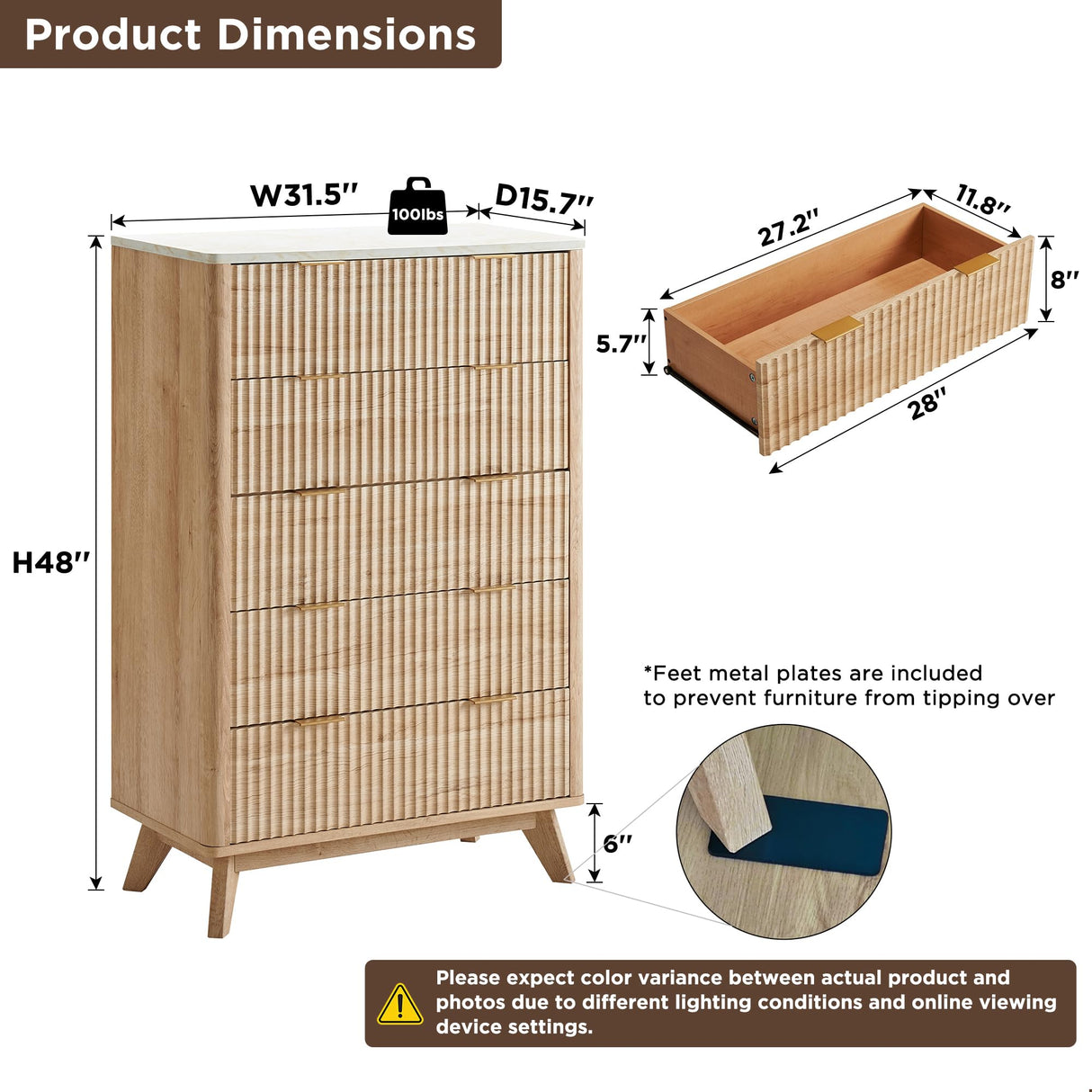 T4TREAM Fluted 5 Drawers Dresser, 48" Tall Modern Chest of Drawers with Faux Marble Top, Curved Profile Design, Wood Drawer Organizer for Bedroom, Living Room, Hallway, Entryway, Natural Oak T4TREAM
