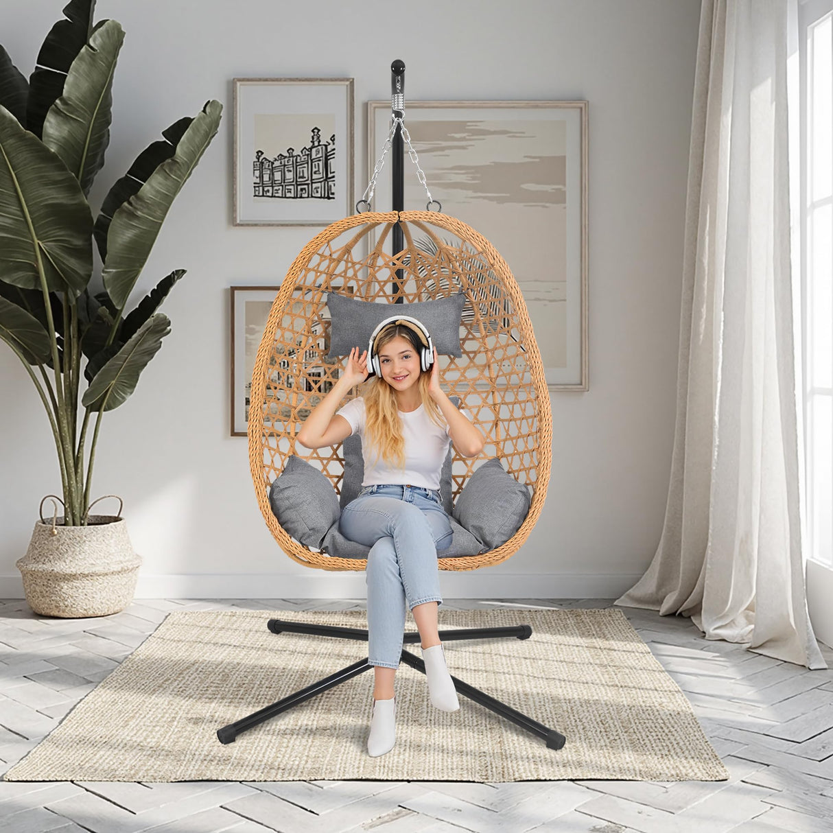 Hoffeorrad Hanging Egg Chair with Stand & Cushions - All-Weather Rattan Swing Chair for Patio, Balcony, Garden (Modern Boho Design, Ready-to-Use Indoor Outdoor) Hoffeorrad