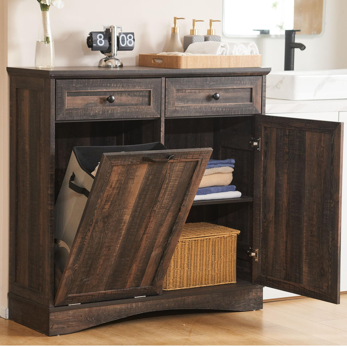 AHB 13 Gallon Tilt Out Trash Cabinet Free Standing Trash Bin Holder Recycling Cabinet with Hideaway Drawers, Pet Proof Garbage Can Cabinet for Kitchen Living Room, Rustic Brown AHB