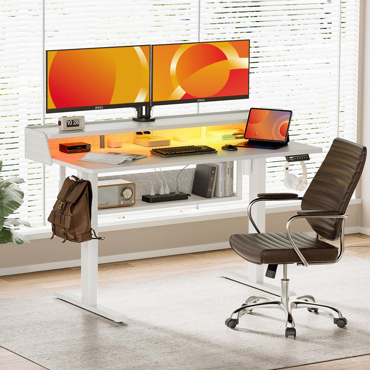 ErGear Standing Desk, 48x24 Inch Electric Standing Desk with Shelves, Height Adjustable Desk with Monitor Stand and Storage, Gaming Sit Stand Up Desk with LED Light for Home Office, White ErGear