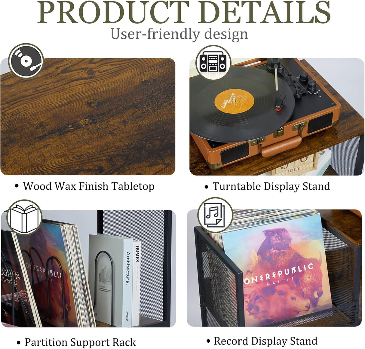 Huxitocan 4 Tier Large Record Player Stand, Holds Up to 380-450 Albums Turntable Stand with 4 Adjustable Divider Vinyl Record Cabinet Turntable Stand for Albums DVD Shelf Books Magazines Files Huxitocan