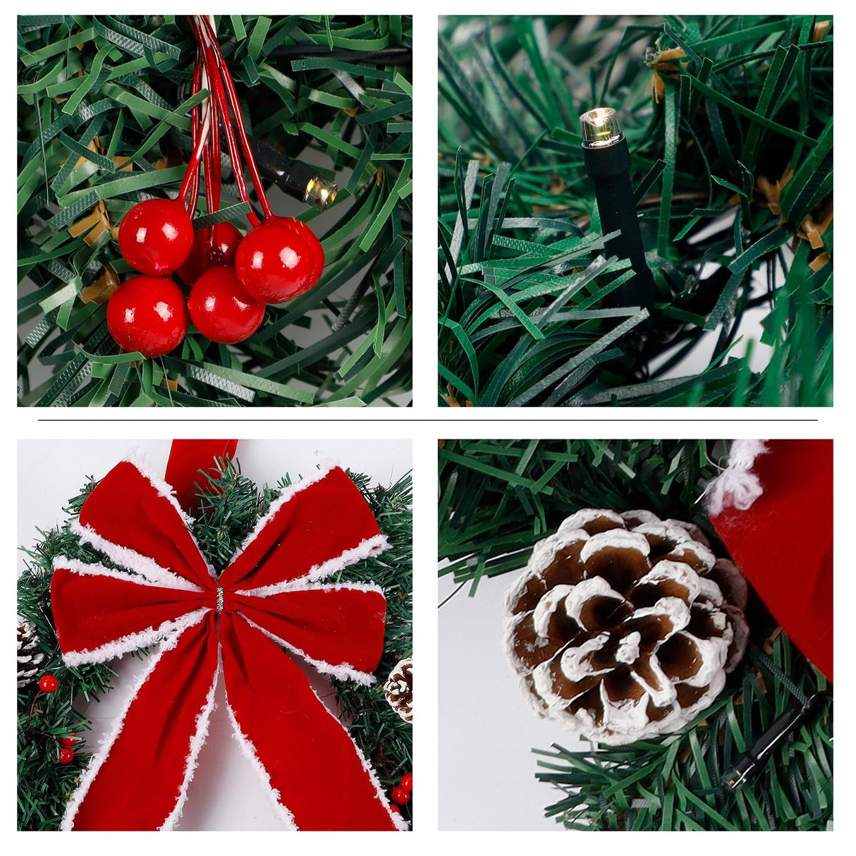 Hausse Set of 3 Christmas Wreaths, Lighted Artificial Christmas Wreath with LED Lights & Large Red Bow Ornaments, 8 Modes & Timer, Battery Operated for Front Door Gate Wall Xmas Party Decorations Hausse