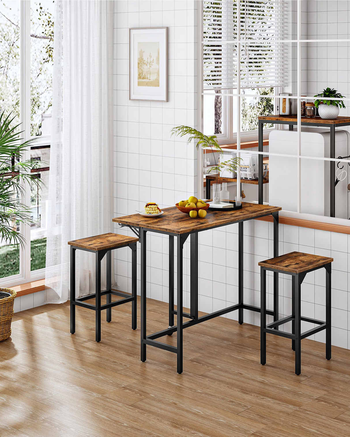 CHOEZON Bar Table and Stool Set, 39.4'' Folding Dining Table with 2 Stools, Industrial Style, for Restaurant, Living Room, Pub, Rustic Brown and Black TBT02BF CHOEZON